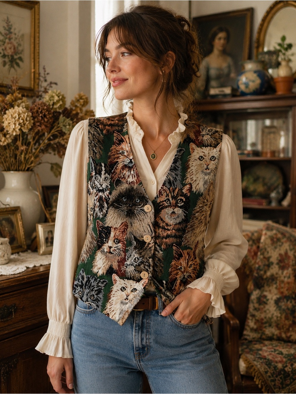 Vintage Facets by Miros Cat Tapestry Vest Made USA S Cottagecore